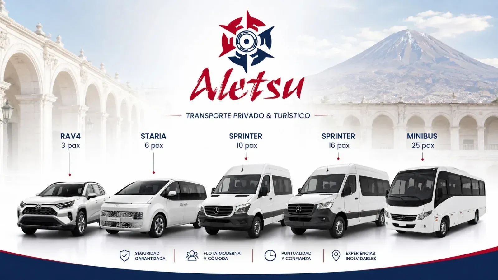 Flota Aletsu: RAV4, Staria, Sprinter y Minibús con el volcán Misti de fondo